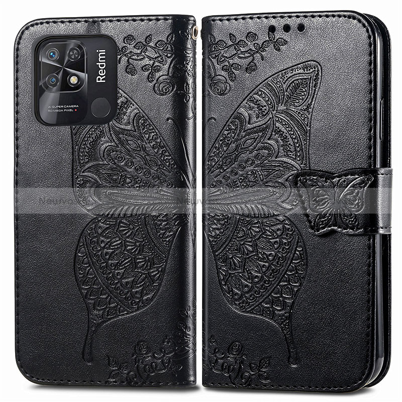 Leather Case Stands Butterfly Flip Cover Holder for Xiaomi Redmi 10 India Black
