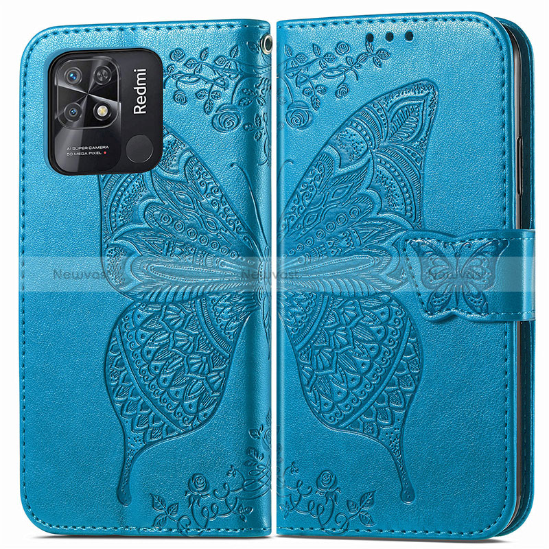 Leather Case Stands Butterfly Flip Cover Holder for Xiaomi Redmi 10 India Blue