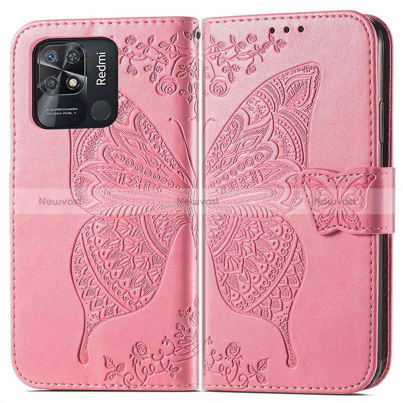 Leather Case Stands Butterfly Flip Cover Holder for Xiaomi Redmi 10 India Hot Pink