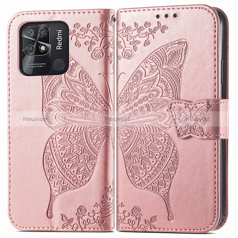 Leather Case Stands Butterfly Flip Cover Holder for Xiaomi Redmi 10 India Pink