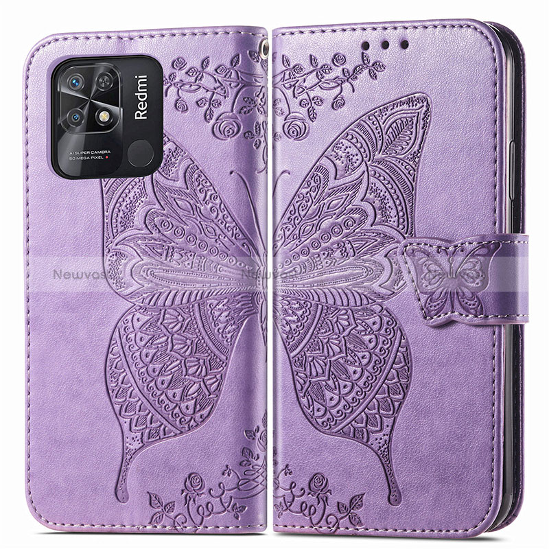 Leather Case Stands Butterfly Flip Cover Holder for Xiaomi Redmi 10 Power Clove Purple