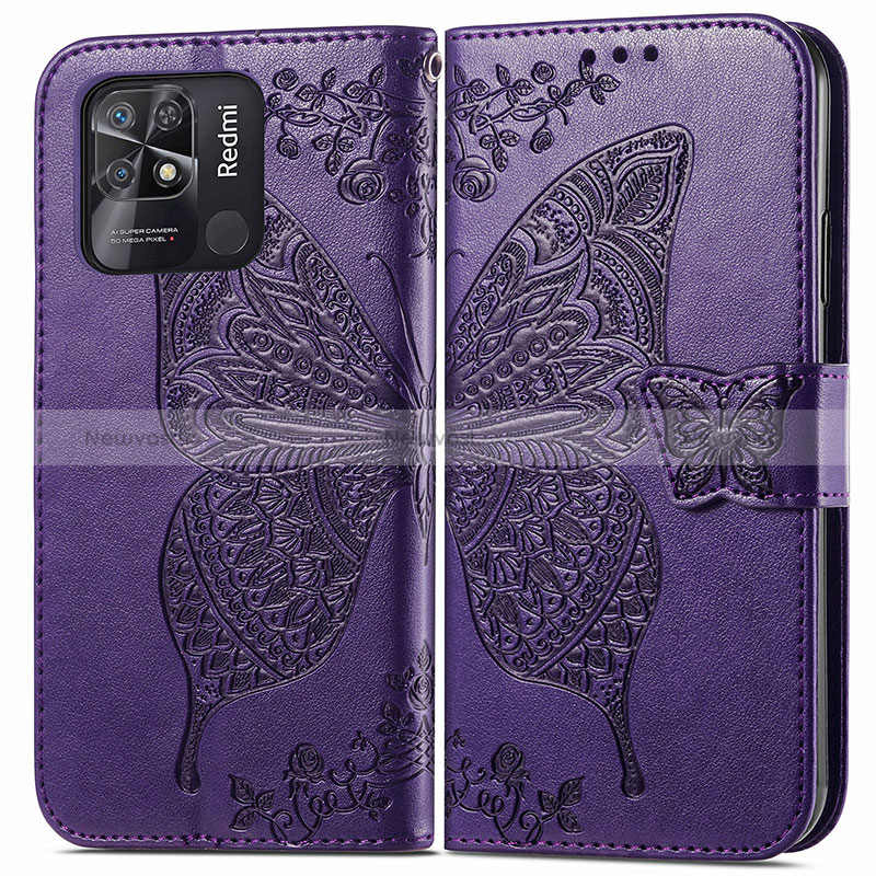 Leather Case Stands Butterfly Flip Cover Holder for Xiaomi Redmi 10 Power Purple