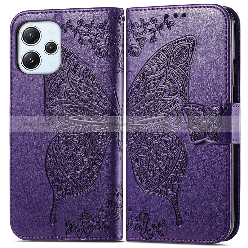 Leather Case Stands Butterfly Flip Cover Holder for Xiaomi Redmi 12 4G Purple