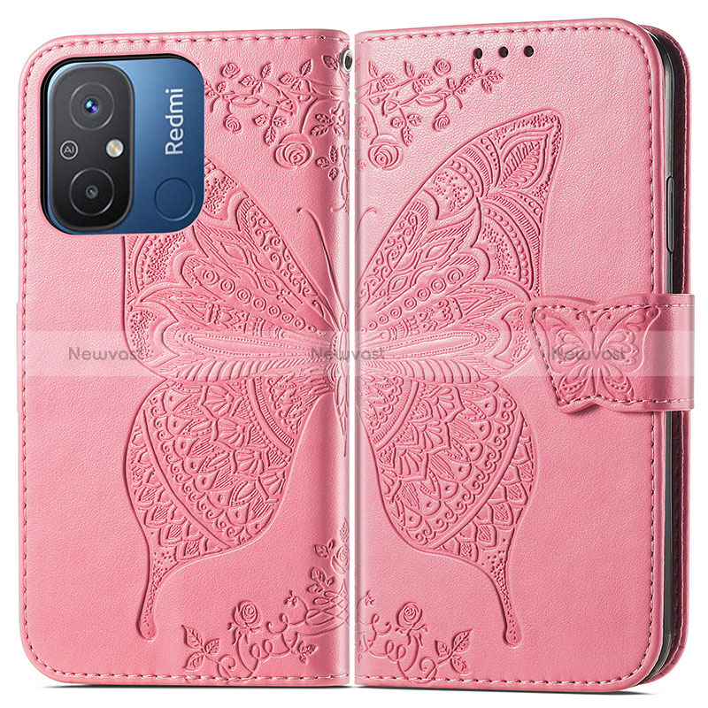 Leather Case Stands Butterfly Flip Cover Holder for Xiaomi Redmi 12C 4G Hot Pink