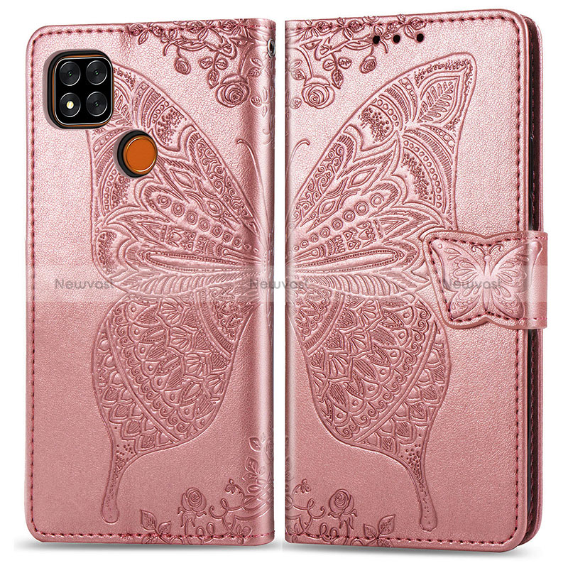 Leather Case Stands Butterfly Flip Cover Holder for Xiaomi Redmi 9 India Pink