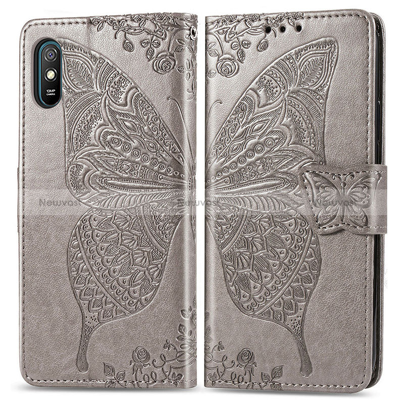 Leather Case Stands Butterfly Flip Cover Holder for Xiaomi Redmi 9A Gray