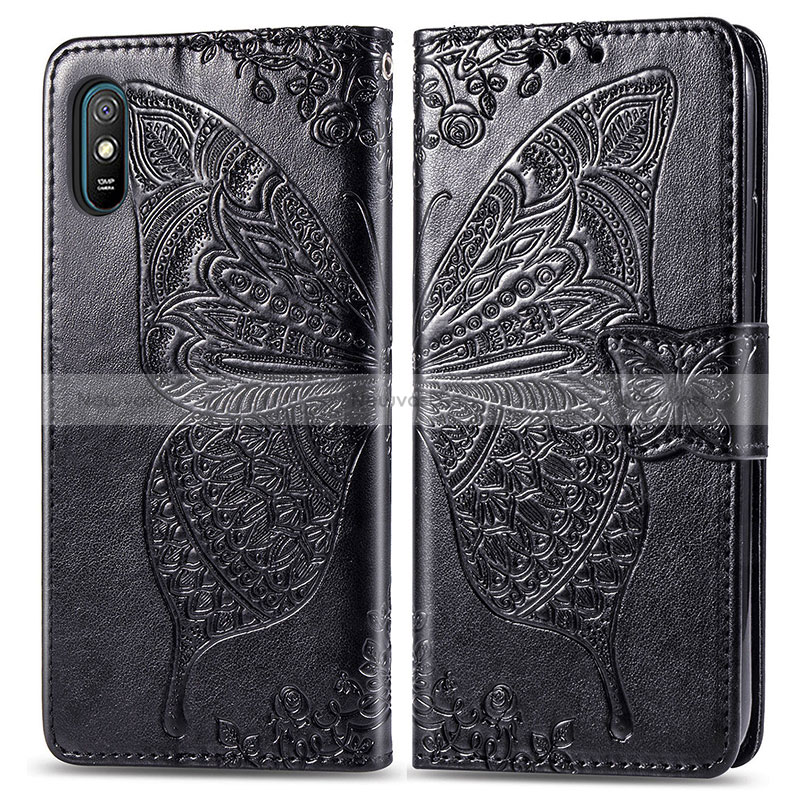 Leather Case Stands Butterfly Flip Cover Holder for Xiaomi Redmi 9AT Black