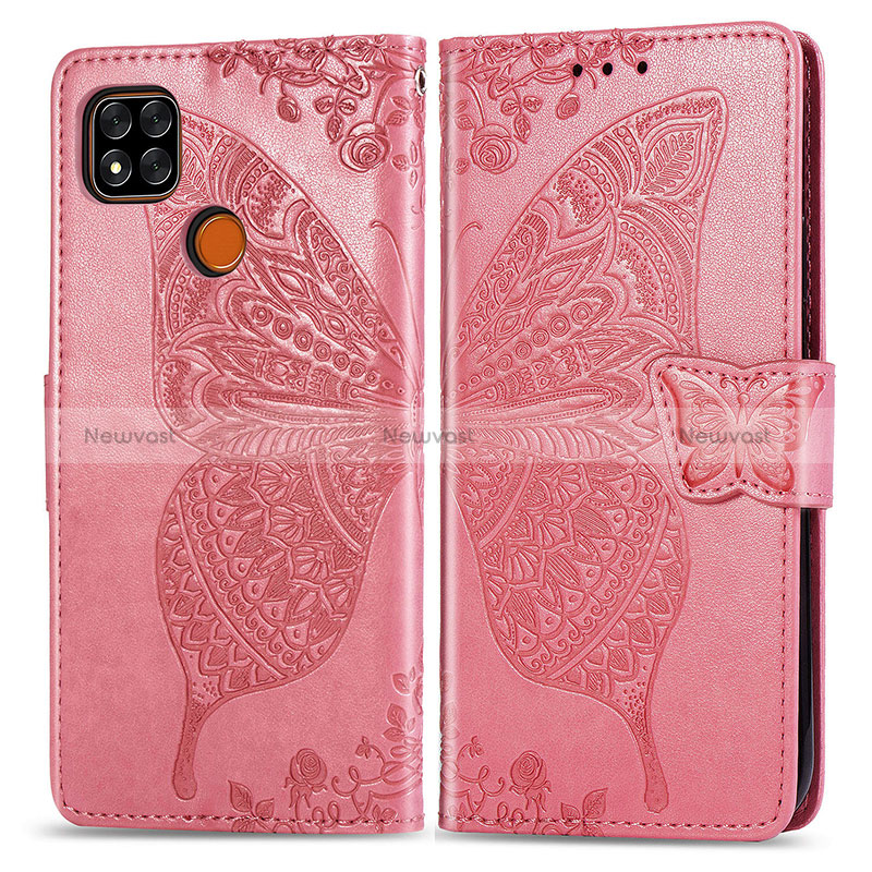 Leather Case Stands Butterfly Flip Cover Holder for Xiaomi Redmi 9C Hot Pink