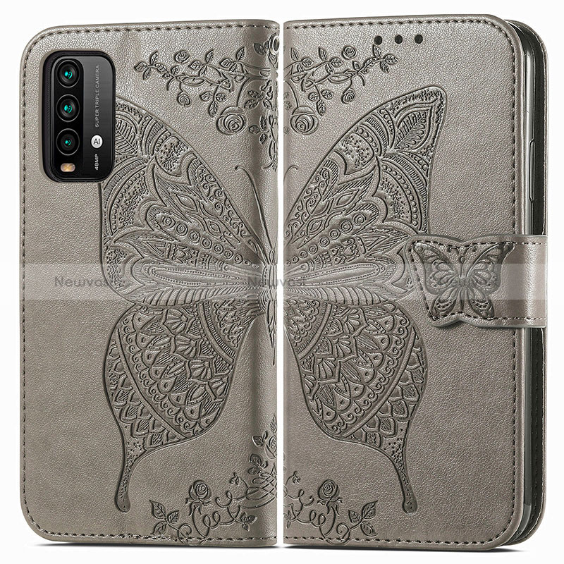 Leather Case Stands Butterfly Flip Cover Holder for Xiaomi Redmi 9T 4G Gray