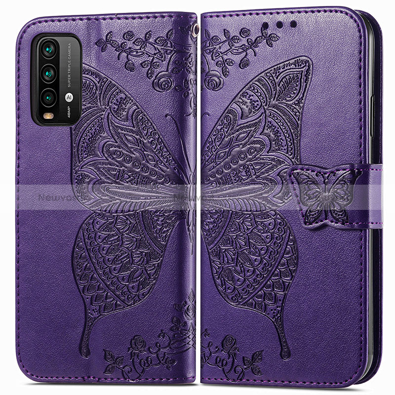 Leather Case Stands Butterfly Flip Cover Holder for Xiaomi Redmi 9T 4G Purple