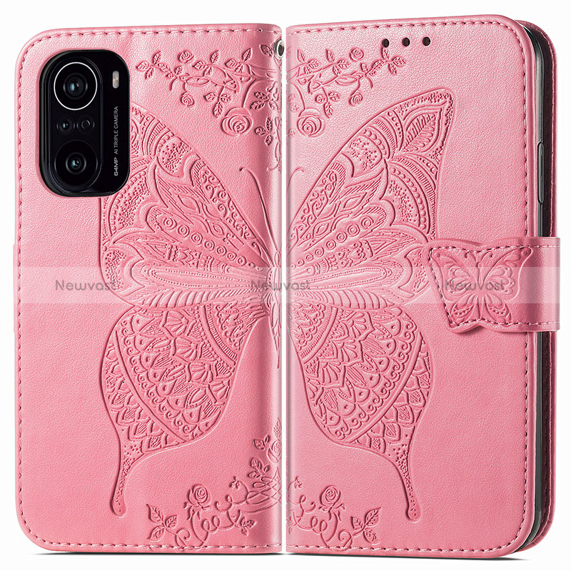 Leather Case Stands Butterfly Flip Cover Holder for Xiaomi Redmi K40 Pro 5G Hot Pink