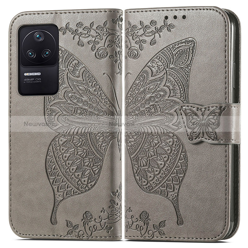 Leather Case Stands Butterfly Flip Cover Holder for Xiaomi Redmi K40S 5G Gray