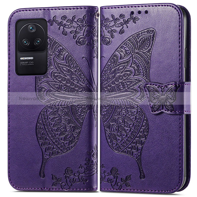 Leather Case Stands Butterfly Flip Cover Holder for Xiaomi Redmi K40S 5G Purple