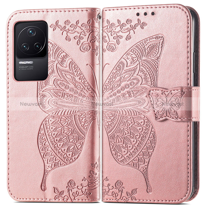 Leather Case Stands Butterfly Flip Cover Holder for Xiaomi Redmi K50 5G Pink