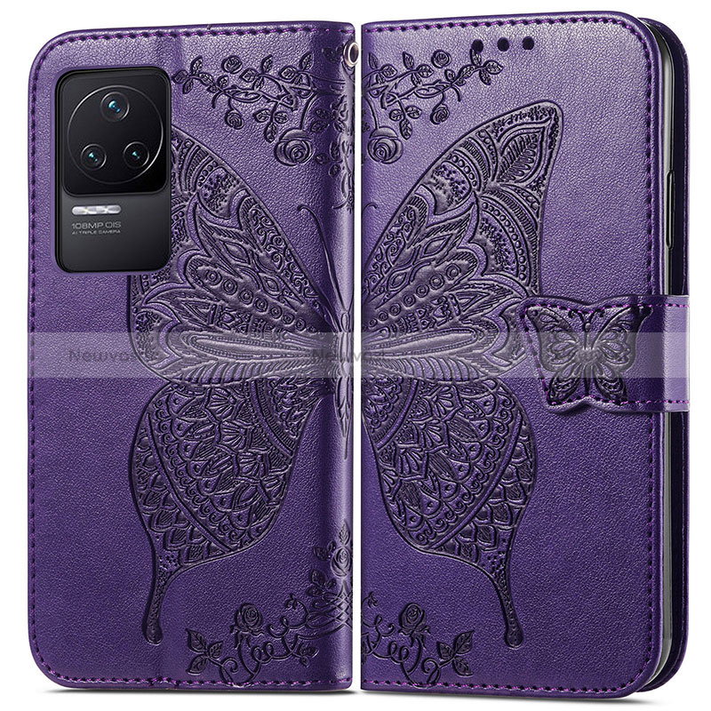 Leather Case Stands Butterfly Flip Cover Holder for Xiaomi Redmi K50 5G Purple