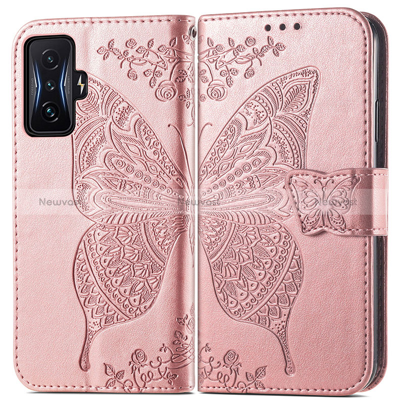 Leather Case Stands Butterfly Flip Cover Holder for Xiaomi Redmi K50 Gaming AMG F1 5G Pink