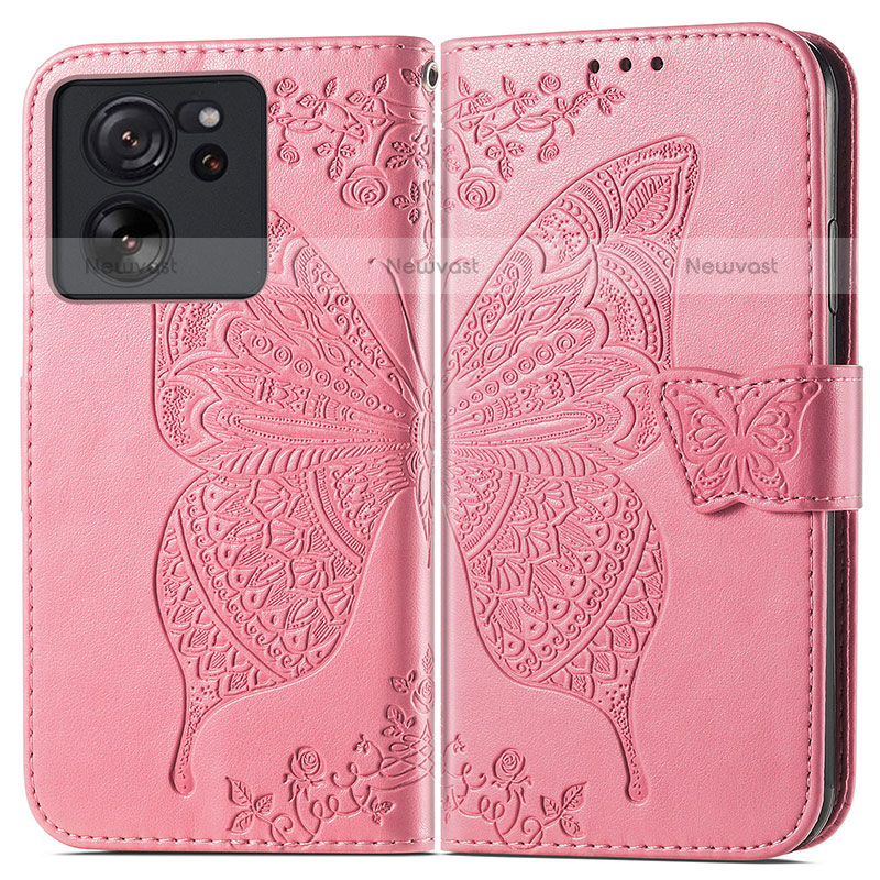 Leather Case Stands Butterfly Flip Cover Holder for Xiaomi Redmi K60 Ultra 5G Hot Pink