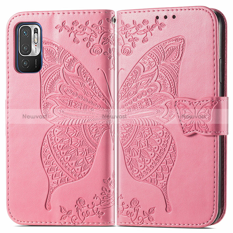 Leather Case Stands Butterfly Flip Cover Holder for Xiaomi Redmi Note 10 5G Hot Pink