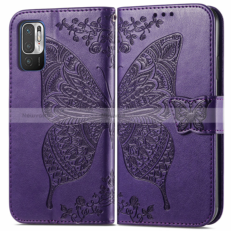 Leather Case Stands Butterfly Flip Cover Holder for Xiaomi Redmi Note 10 5G Purple