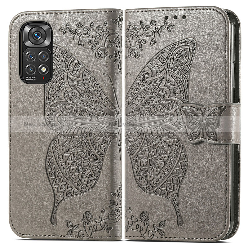 Leather Case Stands Butterfly Flip Cover Holder for Xiaomi Redmi Note 11 4G (2022) Gray