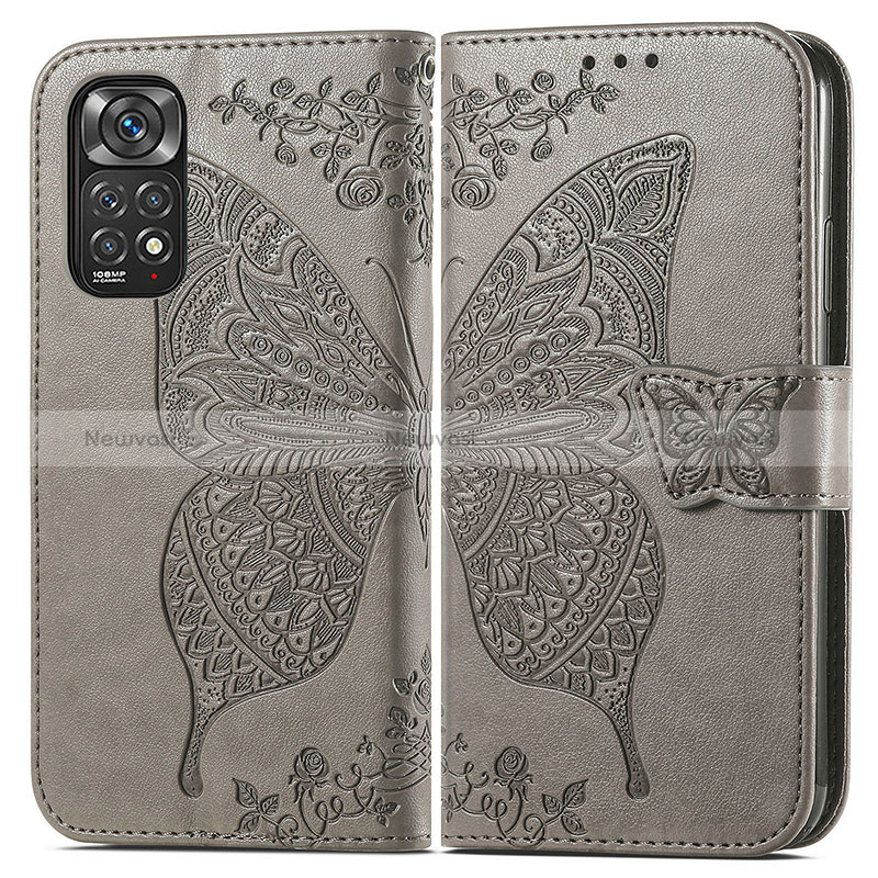 Leather Case Stands Butterfly Flip Cover Holder for Xiaomi Redmi Note 11 Pro 4G Gray