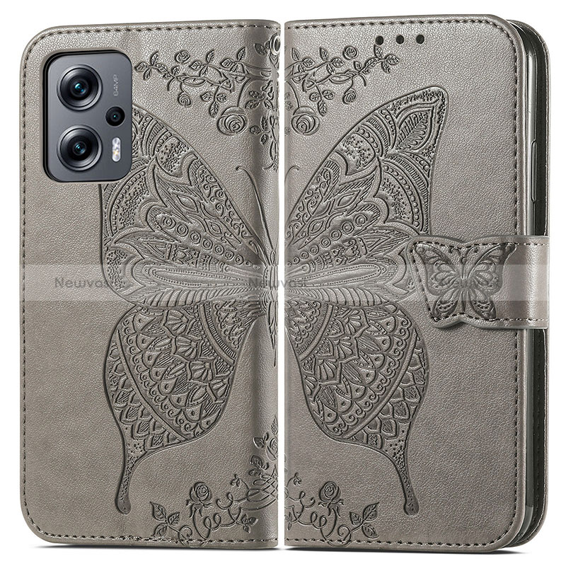Leather Case Stands Butterfly Flip Cover Holder for Xiaomi Redmi Note 11T Pro+ Plus 5G Gray