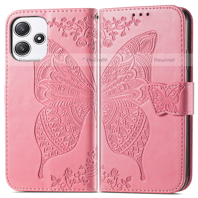 Leather Case Stands Butterfly Flip Cover Holder for Xiaomi Redmi Note 12R 5G Hot Pink