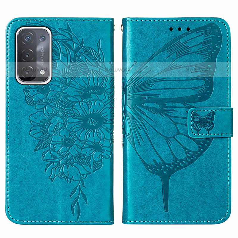 Leather Case Stands Butterfly Flip Cover Holder Y01B for OnePlus Nord N200 5G Blue