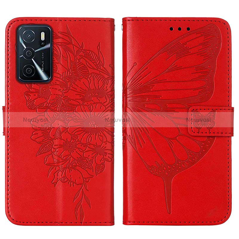 Leather Case Stands Butterfly Flip Cover Holder Y01B for Oppo A16s Red