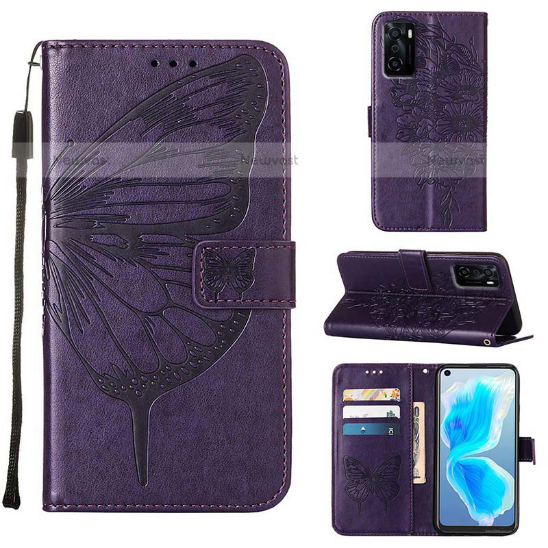 Leather Case Stands Butterfly Flip Cover Holder Y01B for Oppo A55S 5G Purple