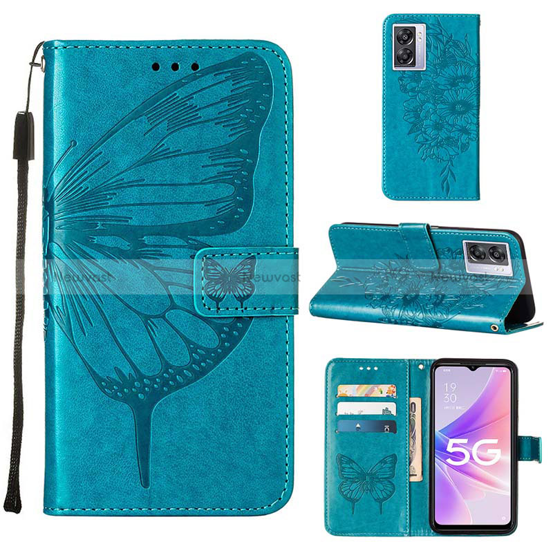 Leather Case Stands Butterfly Flip Cover Holder Y01B for Oppo A77 5G Blue
