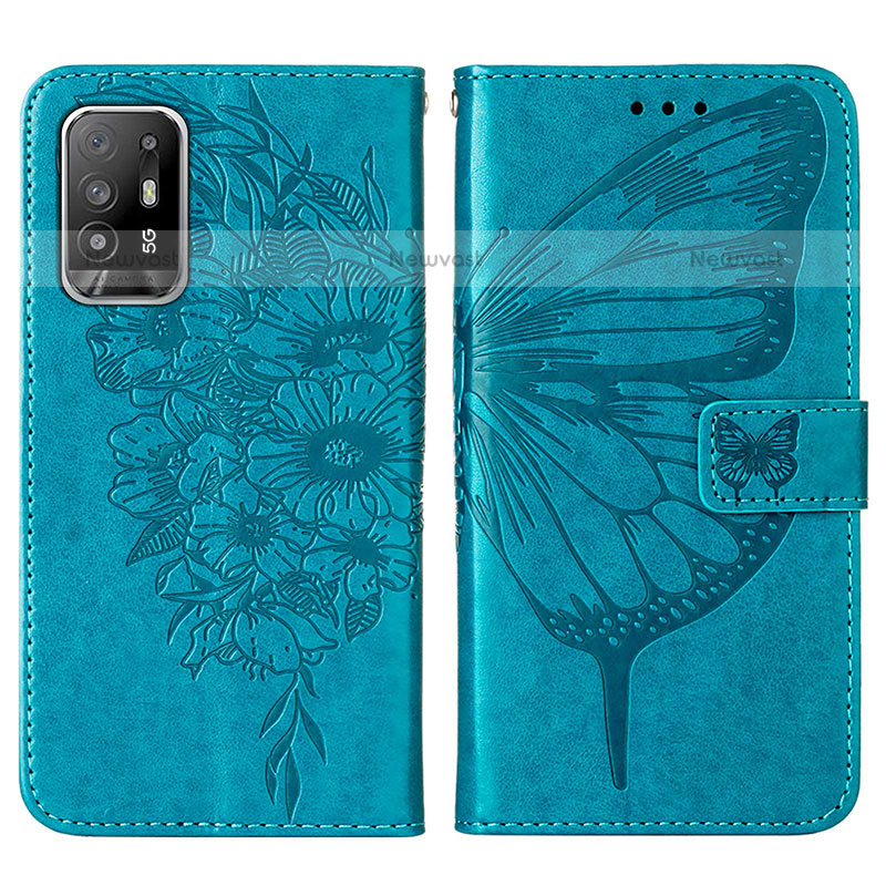 Leather Case Stands Butterfly Flip Cover Holder Y01B for Oppo F19 Pro+ Plus 5G Blue