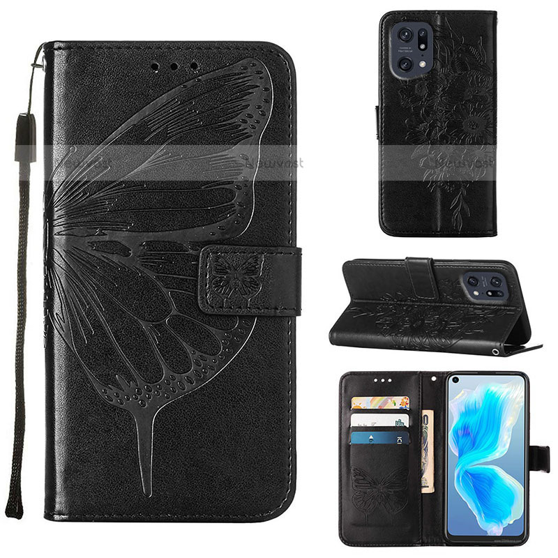Leather Case Stands Butterfly Flip Cover Holder Y01B for Oppo Find X5 Pro 5G Black