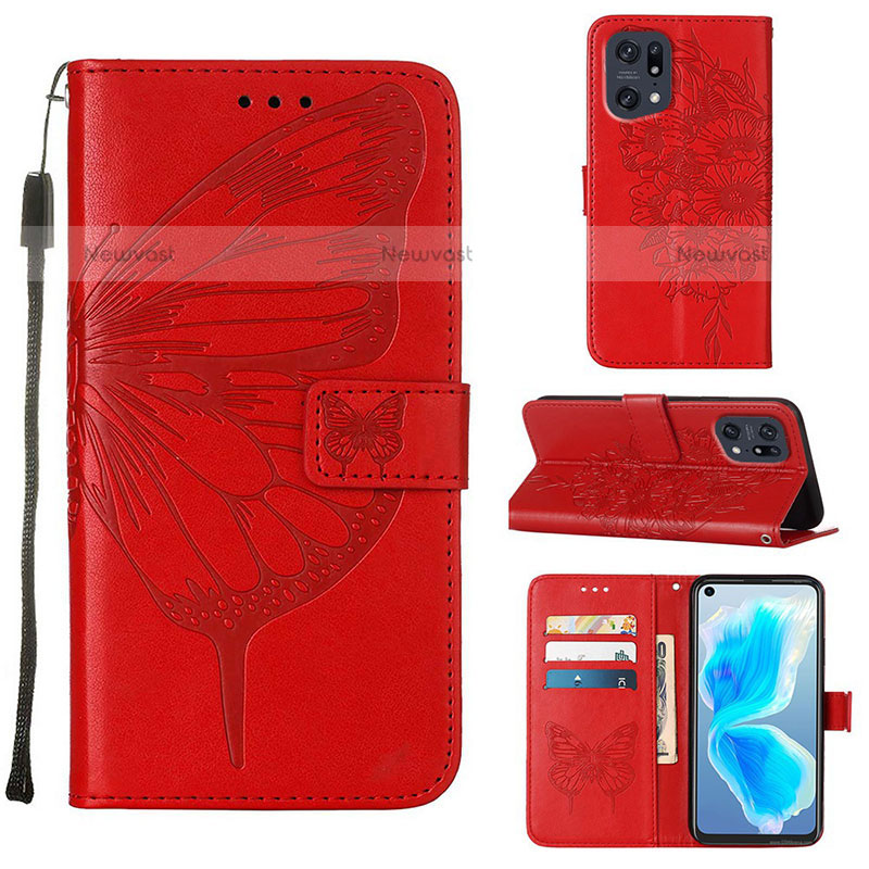 Leather Case Stands Butterfly Flip Cover Holder Y01B for Oppo Find X5 Pro 5G Red