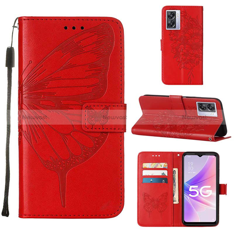Leather Case Stands Butterfly Flip Cover Holder Y01B for Oppo K10 5G India Red