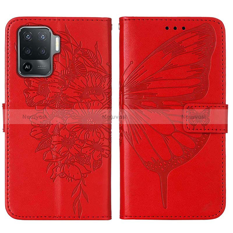 Leather Case Stands Butterfly Flip Cover Holder Y01B for Oppo Reno5 Lite Red