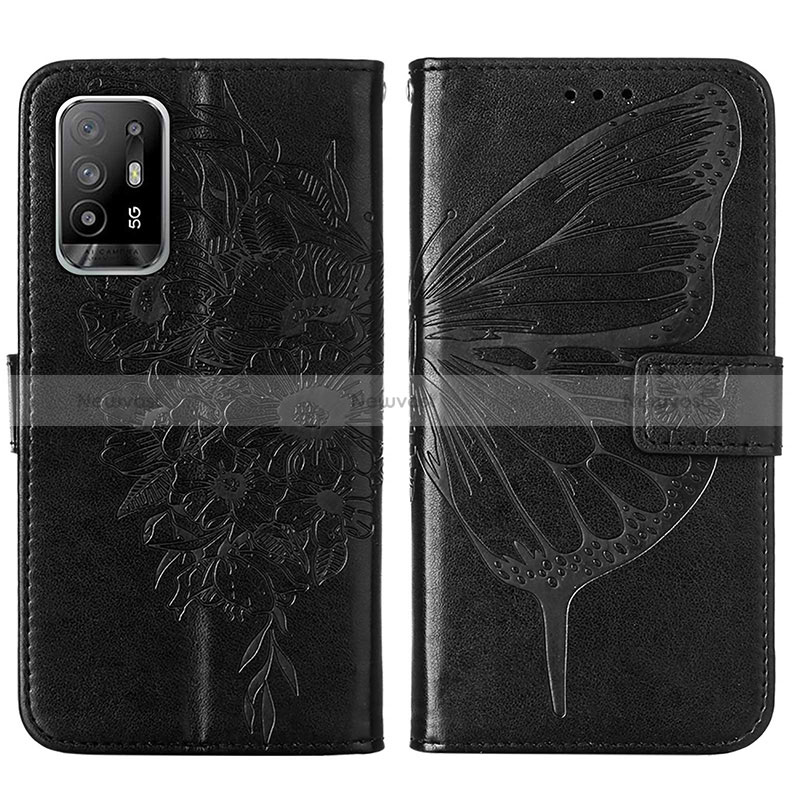 Leather Case Stands Butterfly Flip Cover Holder Y01B for Oppo Reno5 Z 5G Black