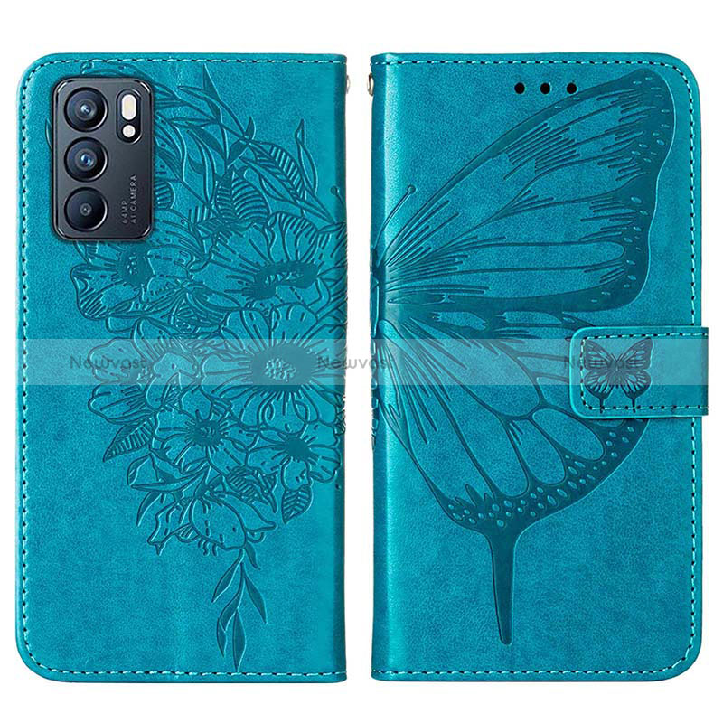 Leather Case Stands Butterfly Flip Cover Holder Y01B for Oppo Reno6 5G Blue