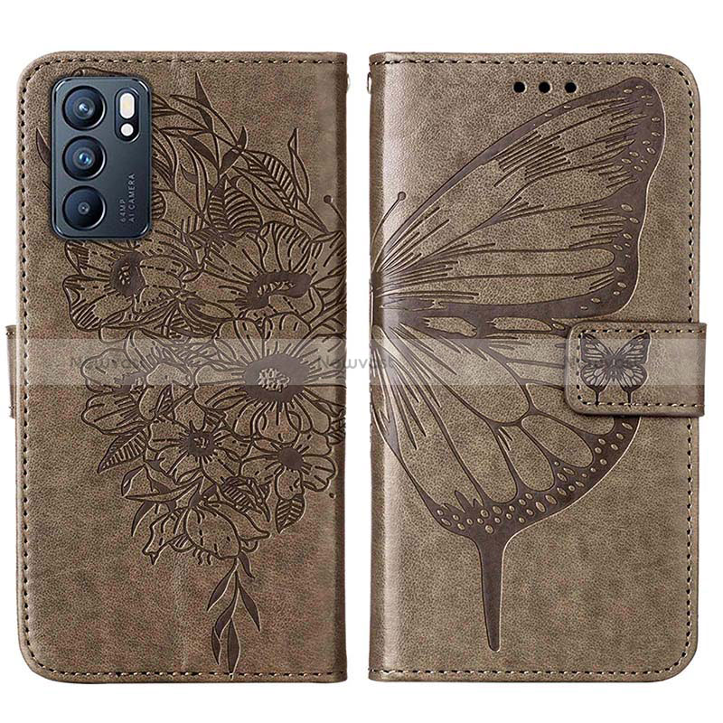 Leather Case Stands Butterfly Flip Cover Holder Y01B for Oppo Reno6 5G Gray