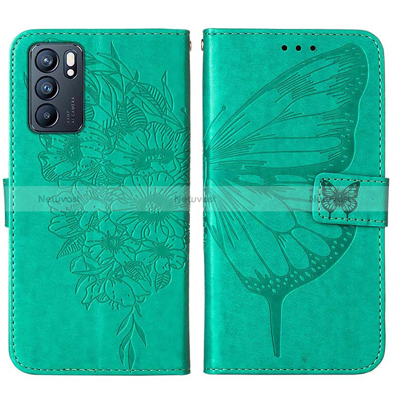 Leather Case Stands Butterfly Flip Cover Holder Y01B for Oppo Reno6 5G Green