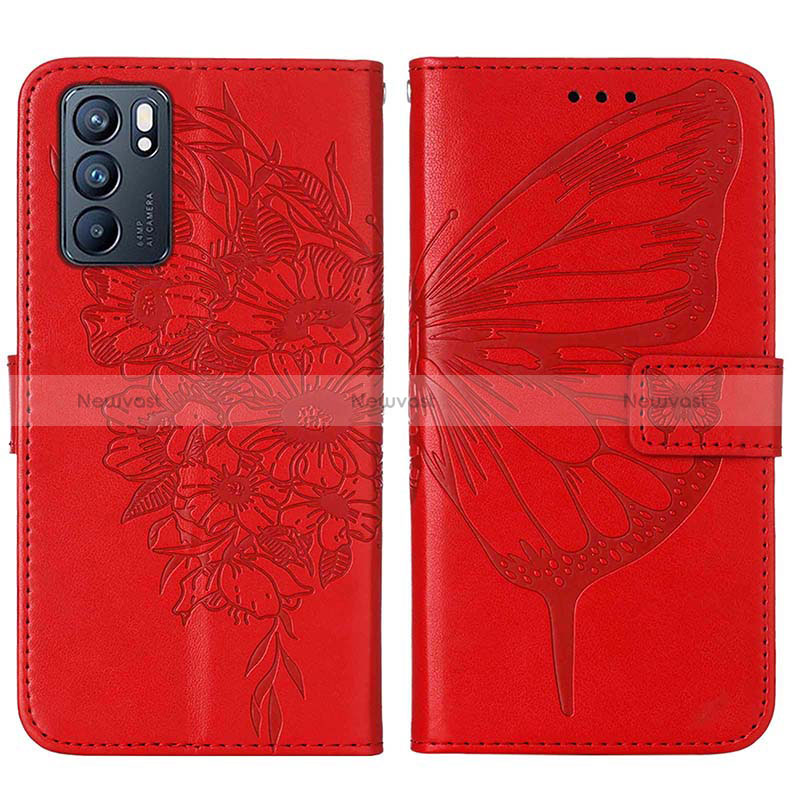 Leather Case Stands Butterfly Flip Cover Holder Y01B for Oppo Reno6 5G Red