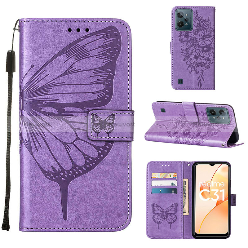 Leather Case Stands Butterfly Flip Cover Holder Y01B for Realme C31 Clove Purple