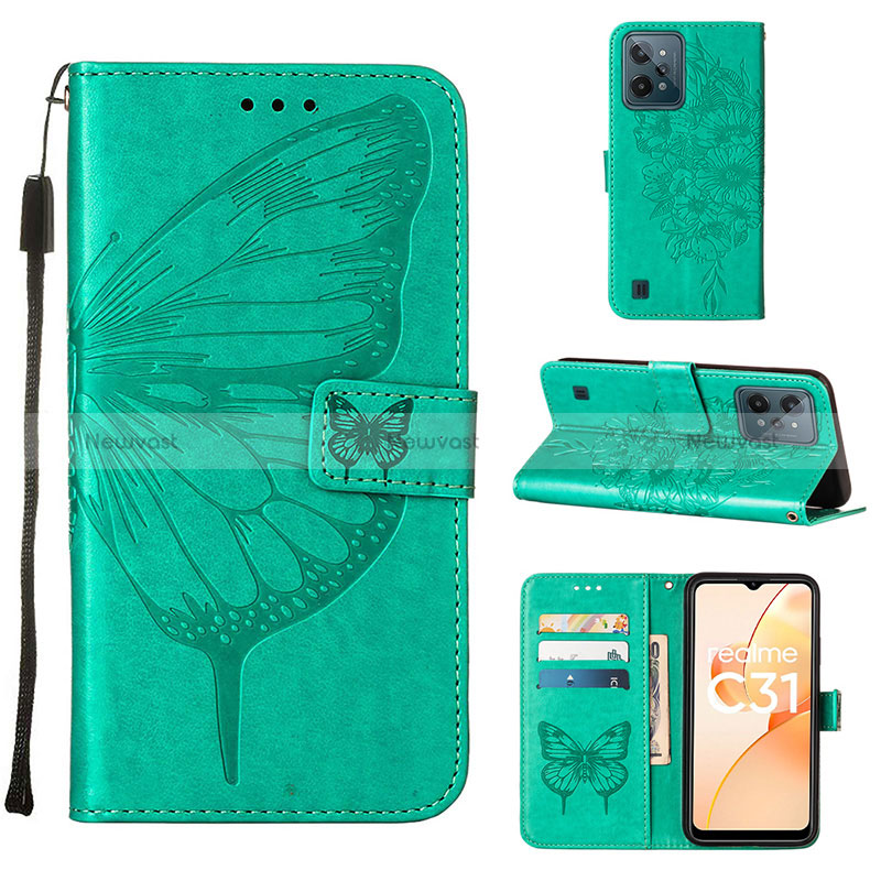 Leather Case Stands Butterfly Flip Cover Holder Y01B for Realme C31 Green