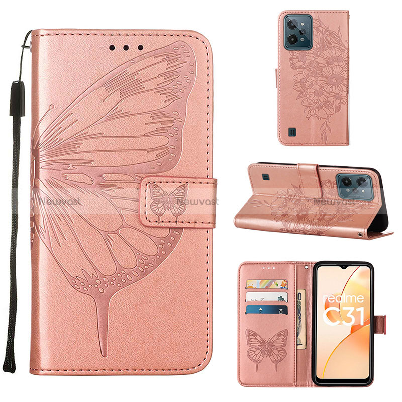 Leather Case Stands Butterfly Flip Cover Holder Y01B for Realme C31 Rose Gold