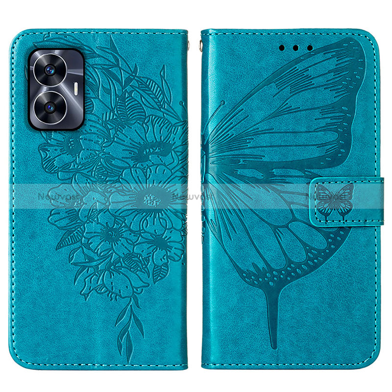 Leather Case Stands Butterfly Flip Cover Holder Y01B for Realme C55 Blue