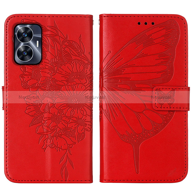 Leather Case Stands Butterfly Flip Cover Holder Y01B for Realme C55 Red