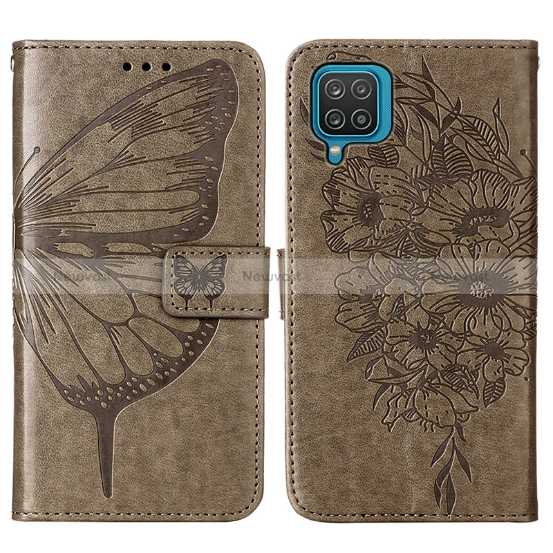Leather Case Stands Butterfly Flip Cover Holder Y01B for Samsung Galaxy A12 5G Gray