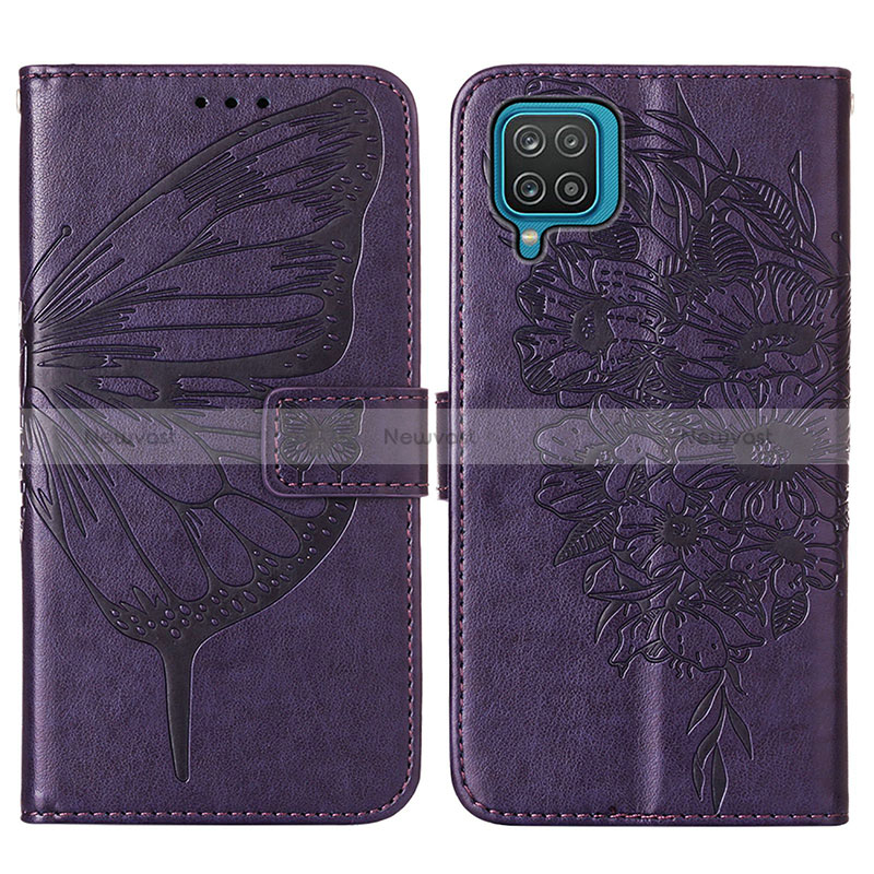 Leather Case Stands Butterfly Flip Cover Holder Y01B for Samsung Galaxy A12 5G Purple