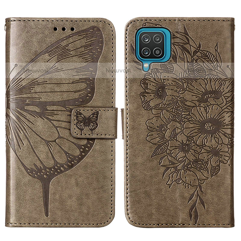 Leather Case Stands Butterfly Flip Cover Holder Y01B for Samsung Galaxy A12 Gray