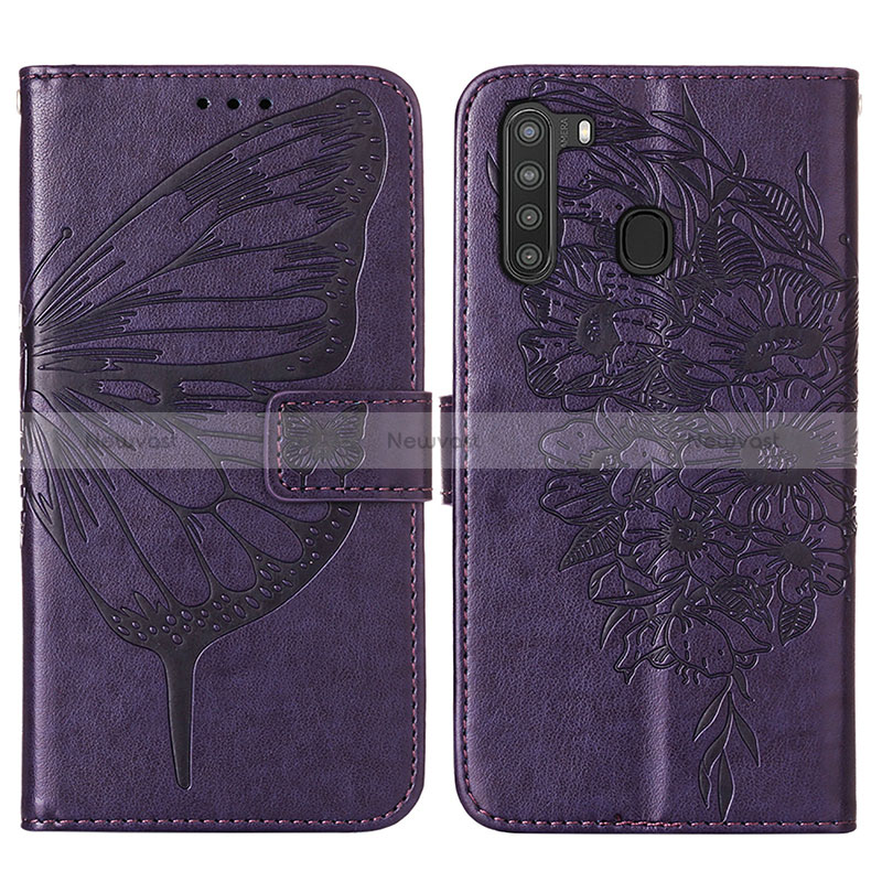 Leather Case Stands Butterfly Flip Cover Holder Y01B for Samsung Galaxy A21 Purple